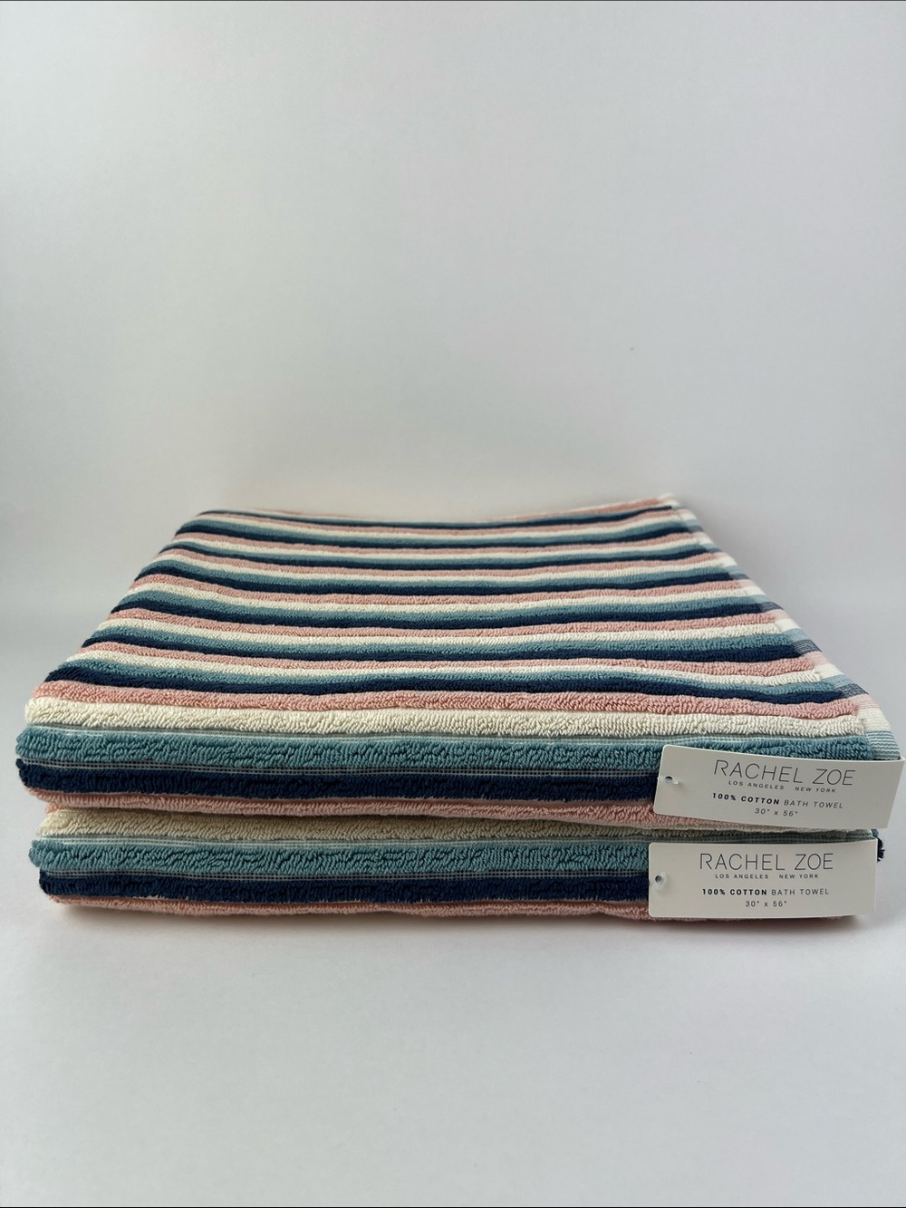 Rachel Zoe Bath Towel Set Striped Pink Navy Cream Soft 100% Cotton 2 Pc NEW